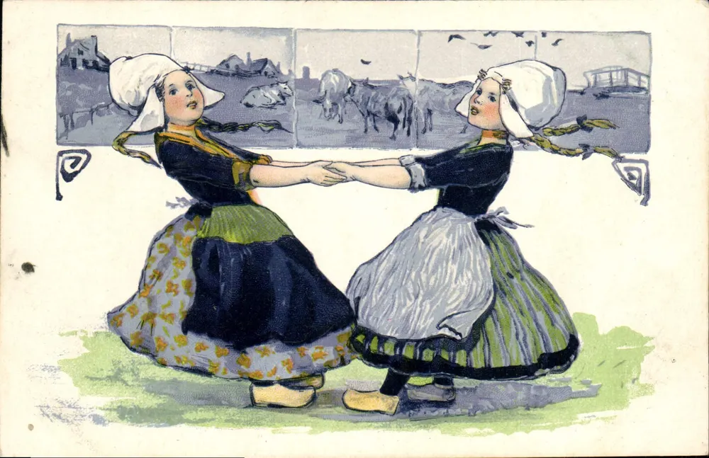 Duas jovens em trajes tradicionais holandeses — dança — editor não visível - Frente