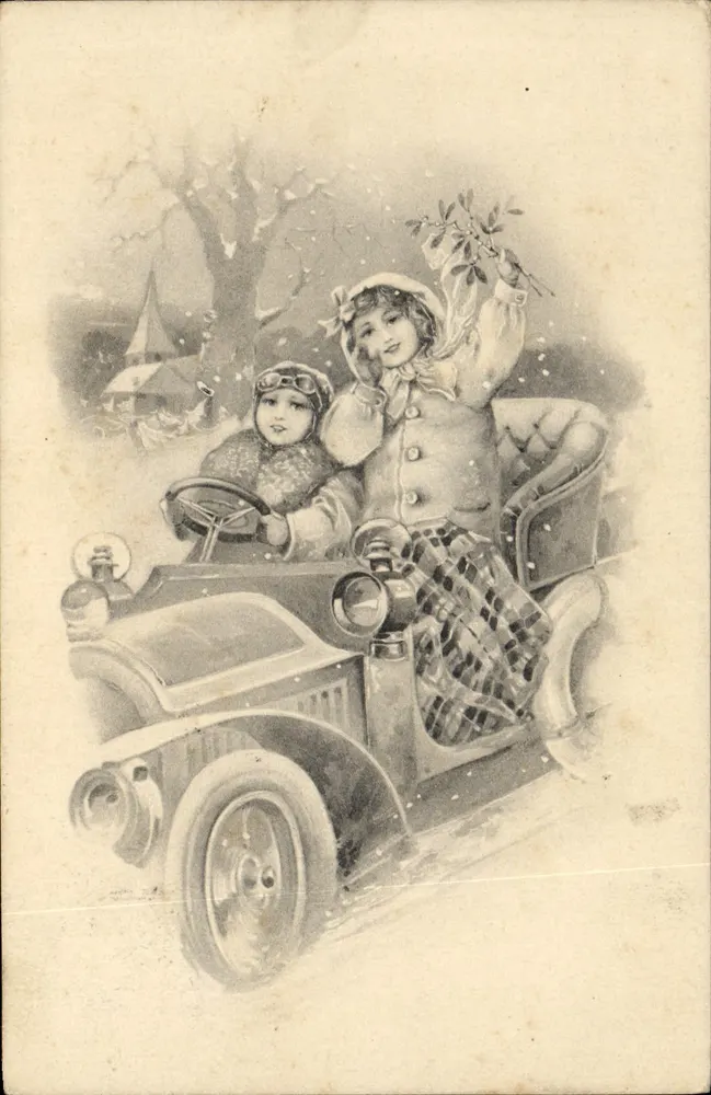 Zwei Kinder in einem schneeverdeckten Auto — Illustration — Serie 582, 1-4. - Vorderseite