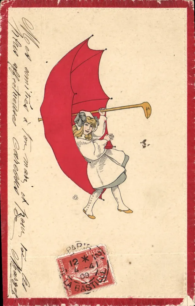 Junge Frau mit rotem Regenschirm — Regenszenen — Verlag Bastien, n° 12*19 - Vorderseite