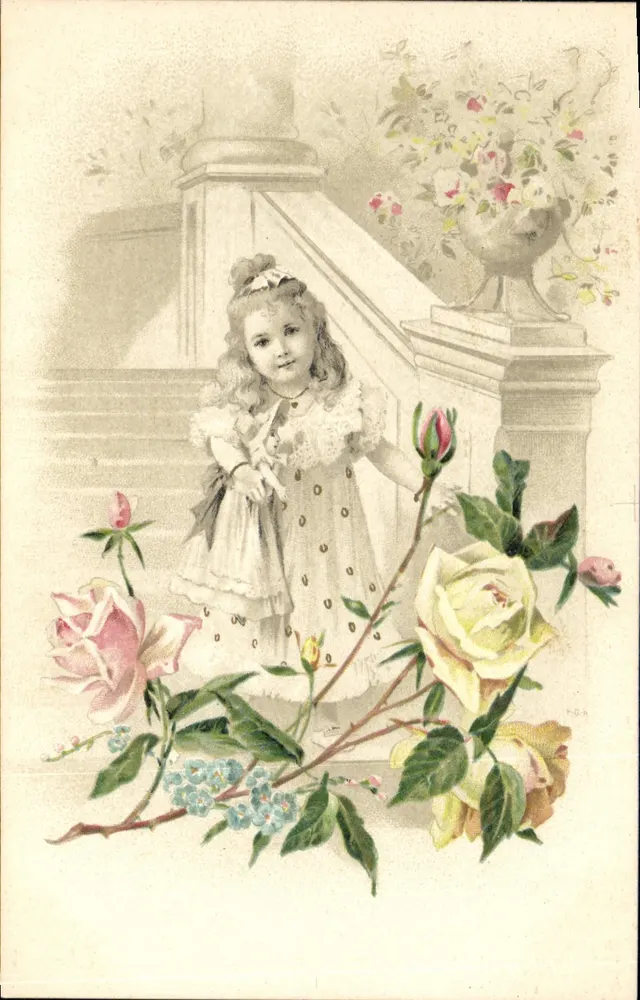 Mädchen in einem Kleid mit Punkten — Rosen und Blumen — Antike Ansichtskarte n°197 - Vorderseite