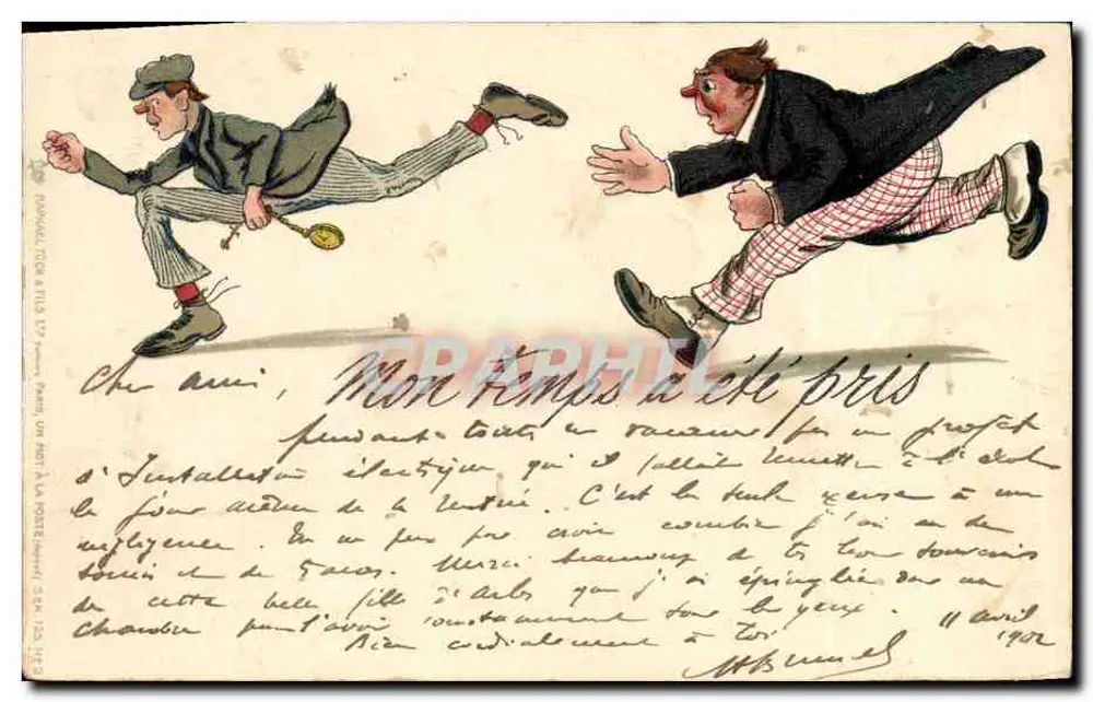 Zwei Männer im Sprint — Karikatur — Verlag R. Riomet, Nr. 122 - Vorderseite