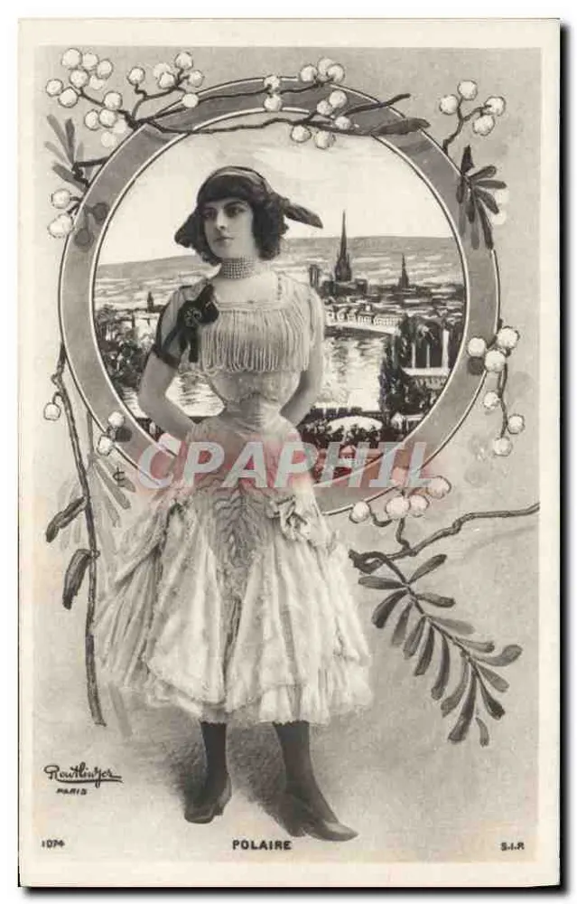Mulher com vestido de mangas largas — vista da cidade no fundo — editada por Routbujer, Paris, n° 1074, série S.I.R. - Frente