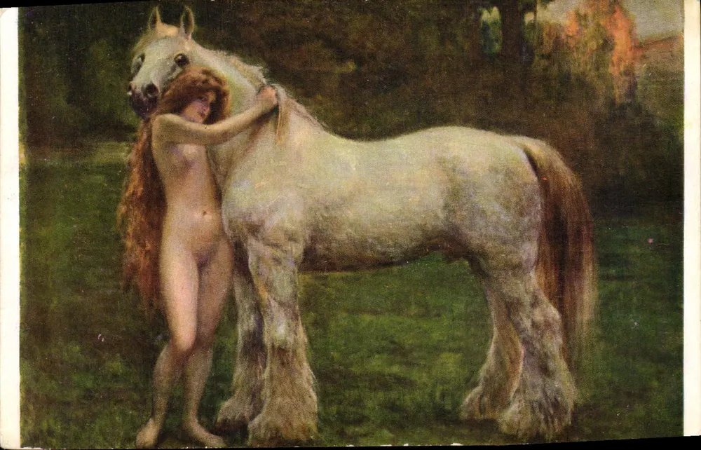 Nackte Frau, die ein weißes Pferd küsst — Malerei — Verlag Jan Stika, Nr. 810 - Vorderseite