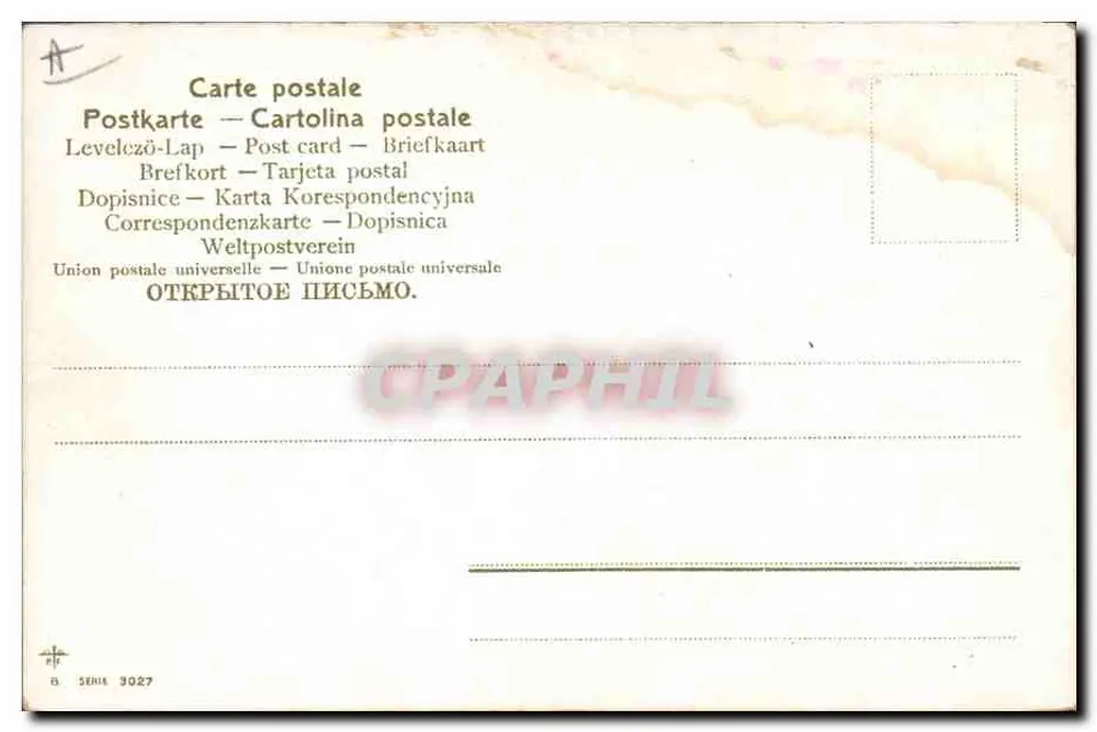 Caça a cavalo — três cavaleiros e um cão — G.K. — Série 3027 - Verso