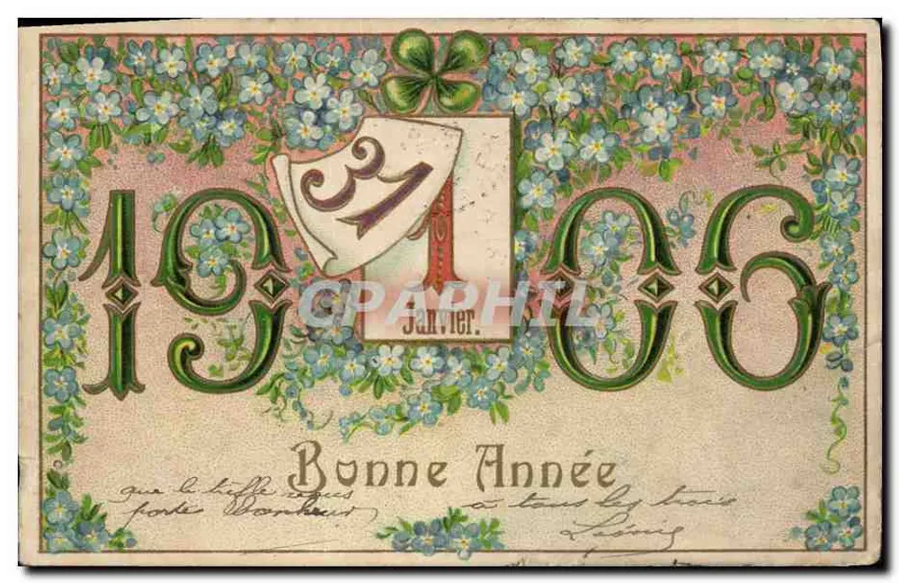 Bonne Année 1906 — Carte de vœux ornée de fleurs et d'un blason — Éditeur : Paris, n° 106 - Frente