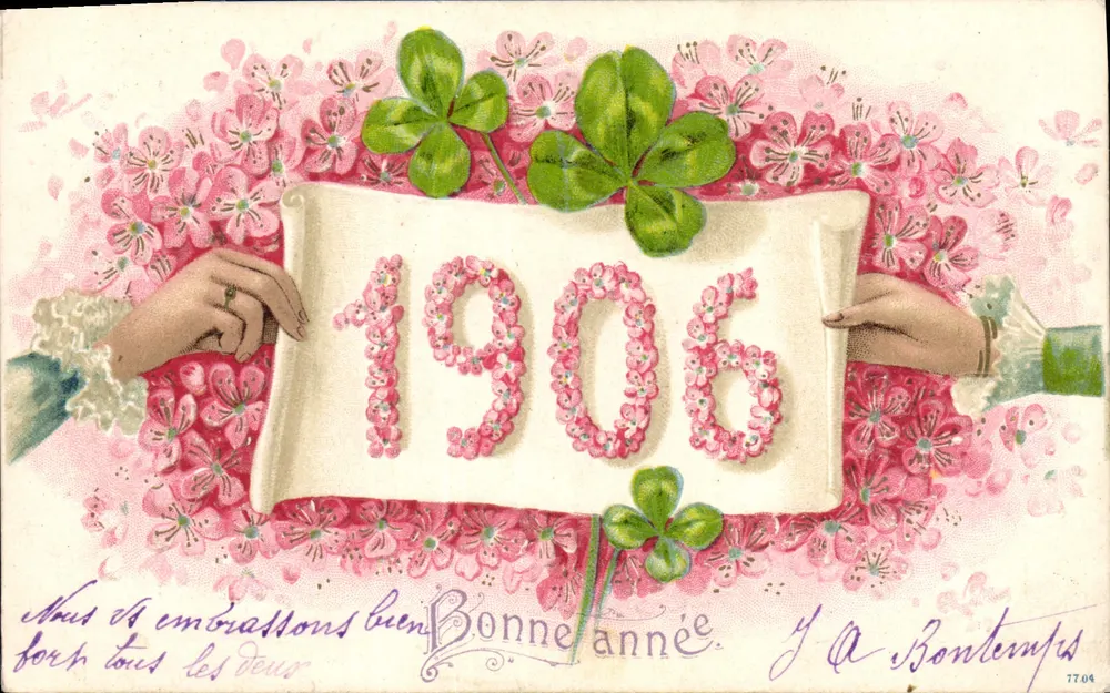 Año Nuevo 1906 — flores y tréboles — editor no identificado, n° 77.09 - Anverso