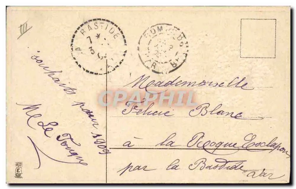 Bonne année 1909 — flores rosas — M.S.I.B.18940 - Verso