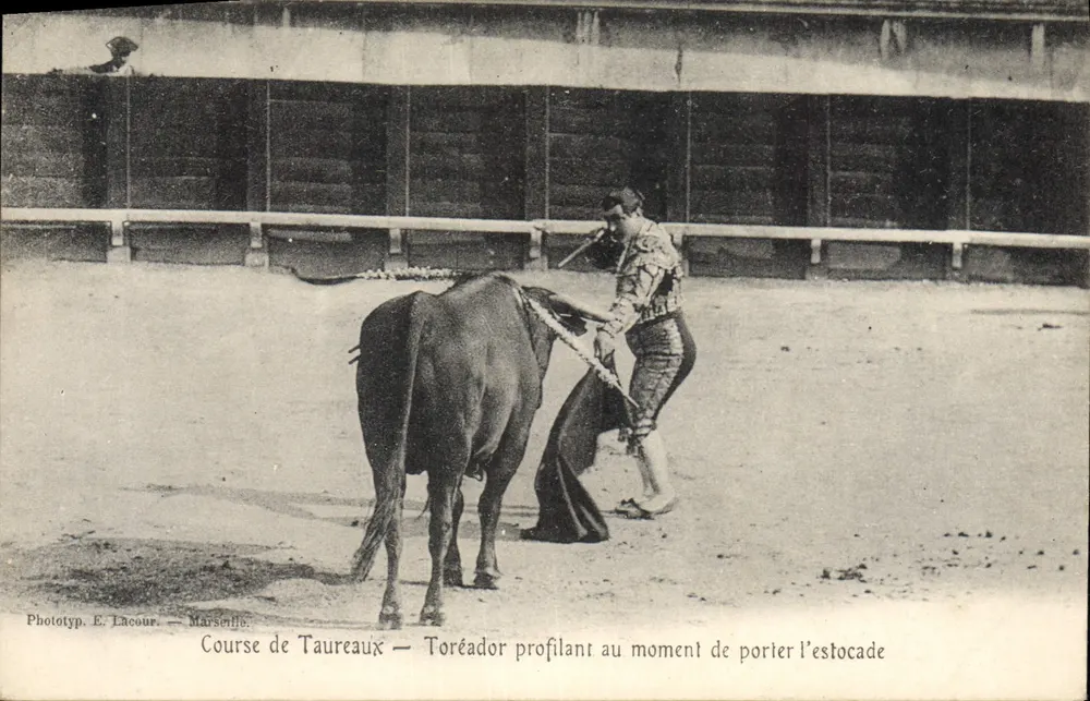 Stierkampf — Torero im Profil beim Ausführen der Estocade — Phototyp. E. Lacour — Marseille - Vorderseite