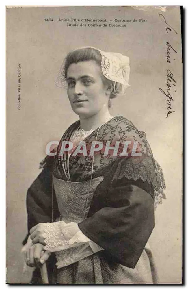 Junge Frau aus Hennebont — Festkleidung, Studie der bretonischen Kopfbedeckungen — Sammlung Vizian Quiniger, n°1404 - Vorderseite
