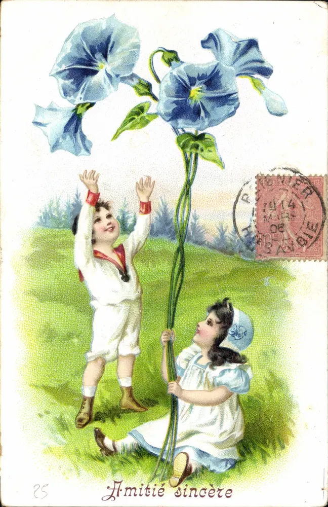Kinder, die mit einer Convolvulus-Pflanze spielen — anonymer Verleger, Nr. 25 - Vorderseite