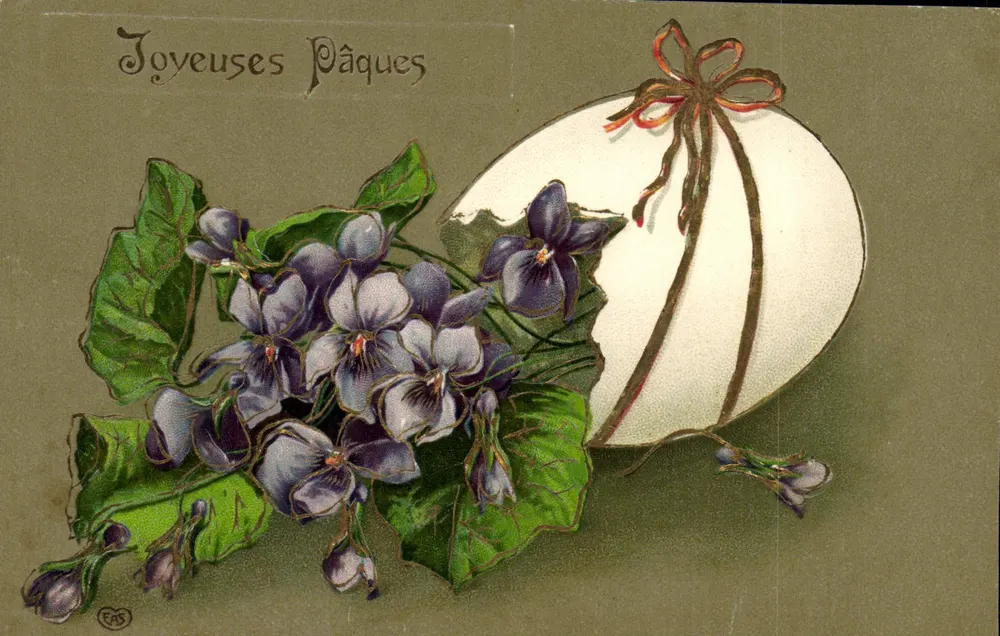 Violetas e ovo decorativo — Feliz Páscoa — EAS - Frente