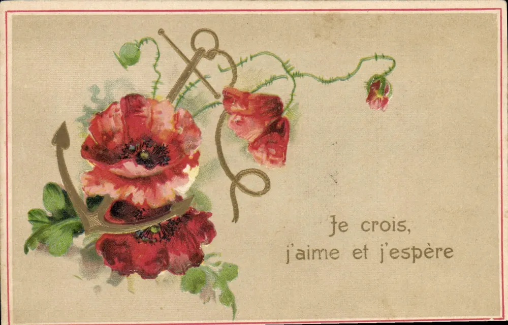 Anker und Mohnblumen — Ich glaube, ich liebe und ich hoffe — Weltweite Postunion - Vorderseite