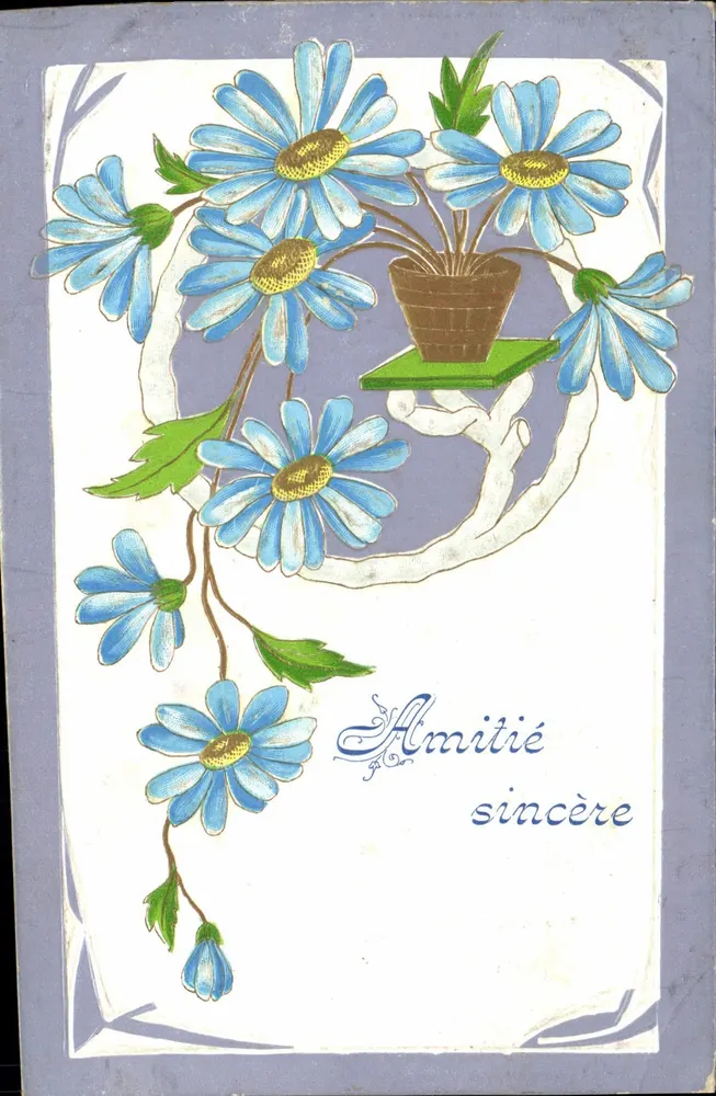 Fleurs bleues — bouquet dans pot — éditeur non visible - Frente