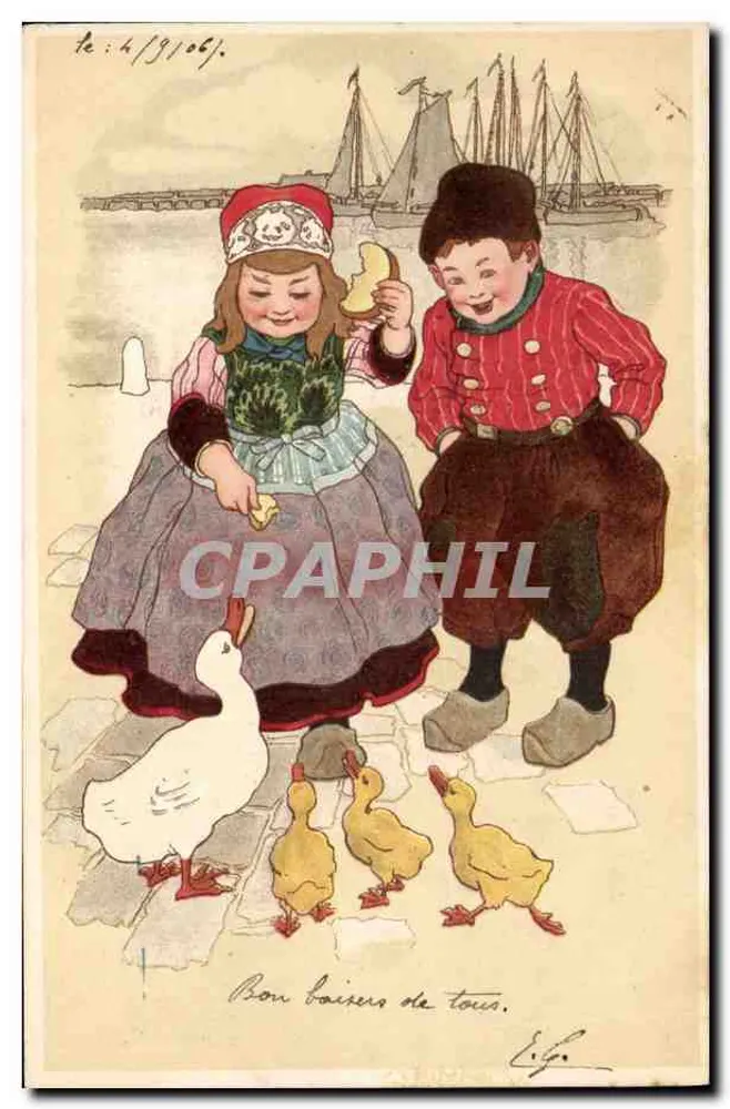 Kinder, die Enten füttern — Algerien — Éd. E.G. - Vorderseite