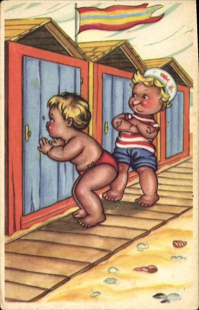 Dois crianças em uma promenade de praia — cabanas de banho — n° 530 - Frente