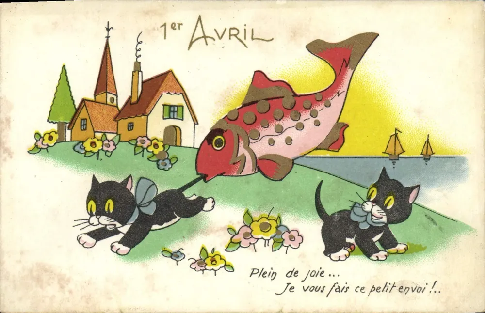 Katzen und Fisch — 1. April — M.D. Paris, Serie 600 - Vorderseite