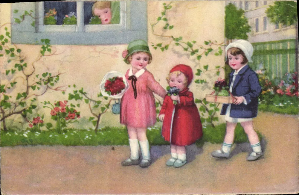 Três crianças com flores — ilustração colorida — editor não visível - Frente