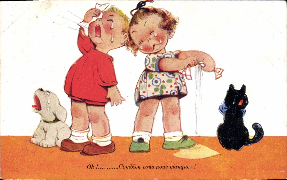 Kinder weinend — emotionaler Moment mit Hund und Katze — Valentine's Post Card - Vorderseite