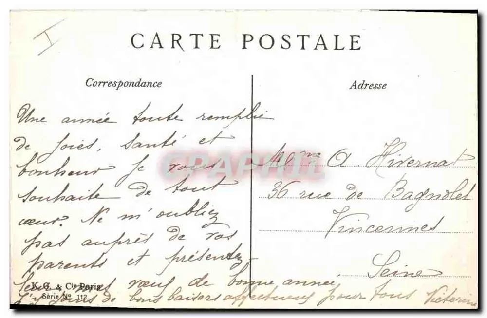 Landschaft mit Kuh und Reiter — Frohe Neujahr — K. & Cie. Darig, Serie Nr. 112 - Rückseite