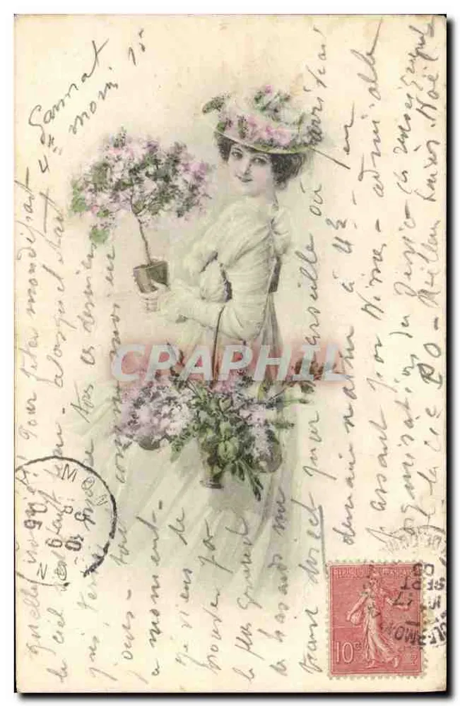 Frau im weißen Kleid mit Blumenbouquet — Verlag A. S. — Serie 'Blumengrüsse' - Vorderseite