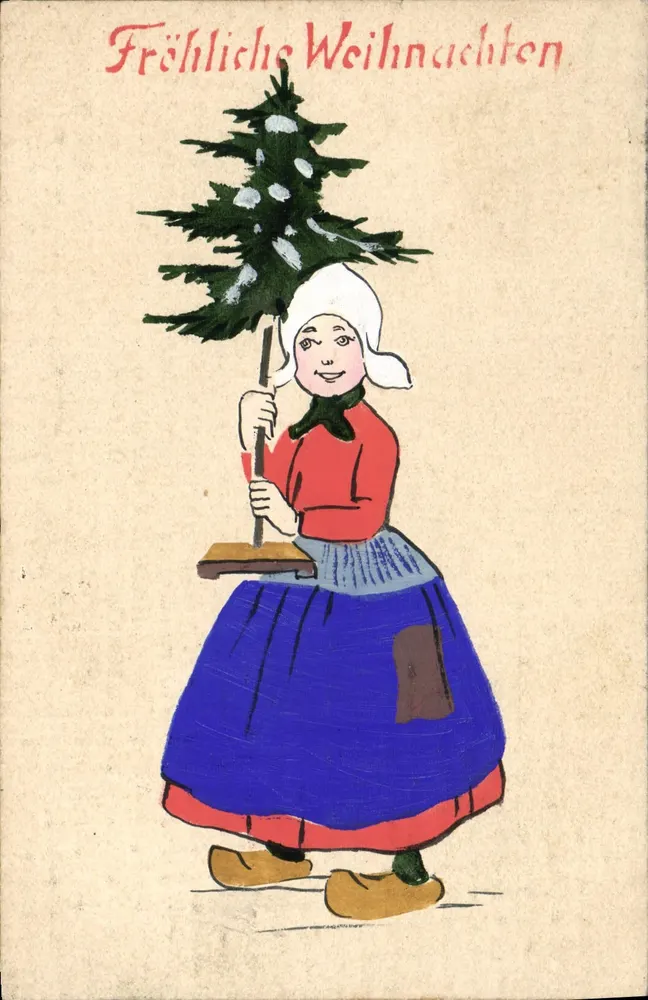 Frau im traditionellen Kleid mit Weihnachtsbaum — Fröhliche Weihnachten — Original Handmalerei - Vorderseite