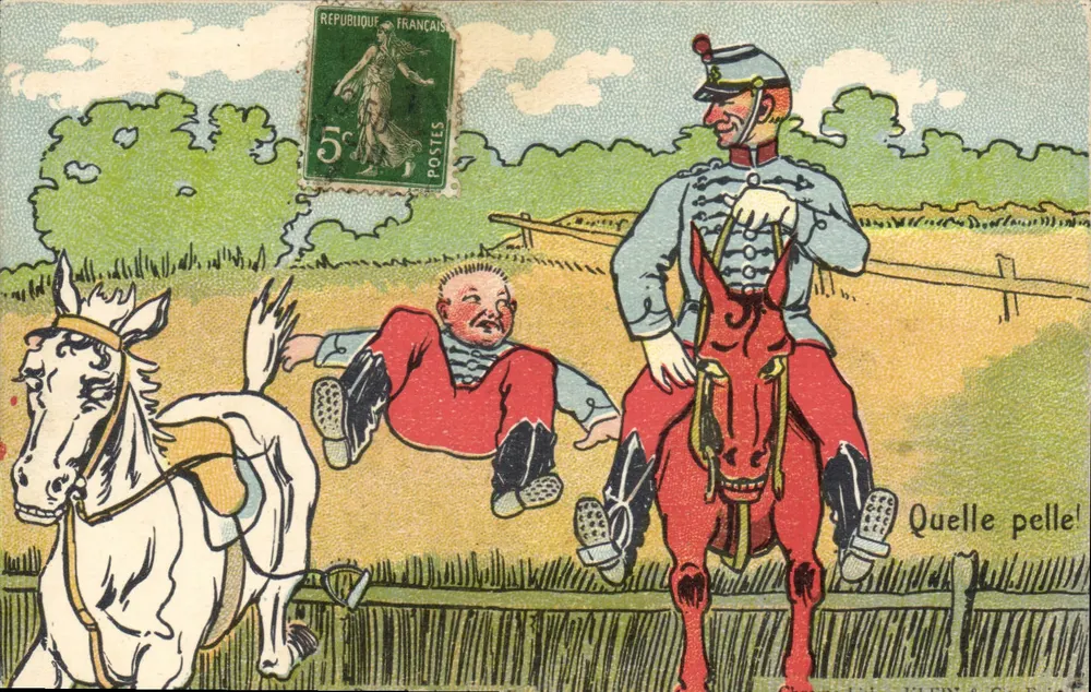 Französischer Soldat und liegender Mann — humorvoll — Juppé & Cie, Paris - Vorderseite