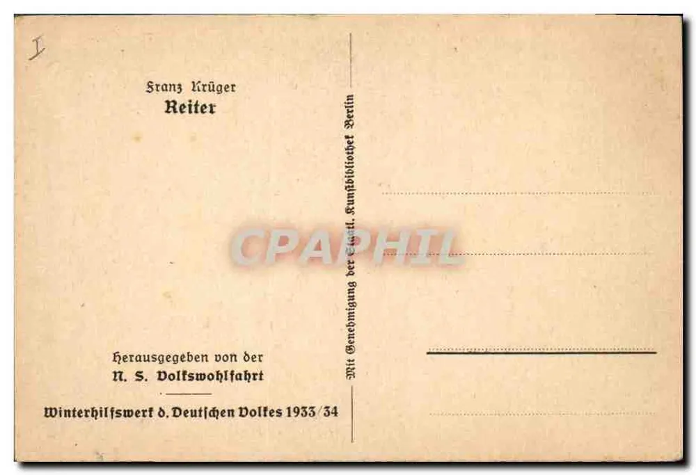Zwei Reiter — Ausgabe der Winterhilfswerk des Deutschen Volkes 1933/34 — Franz Krüger, Berlin - Rückseite