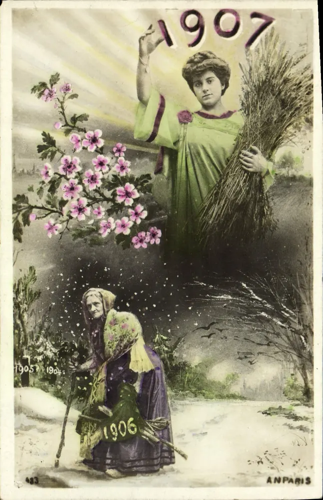 Junge Frau und alte Frau — symbolische Szene mit Jahr 1907 — Verlag ANPARIS, n° 483 - Vorderseite