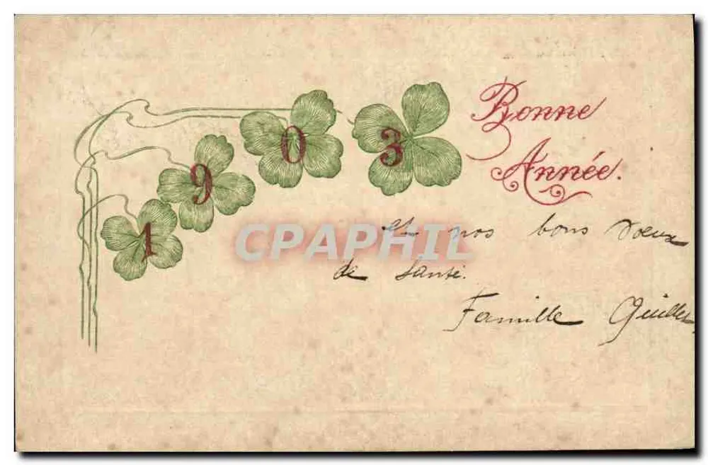 Bom Ano 1903 — folhas de trêfola e boas-vindas — editor não visível - Frente