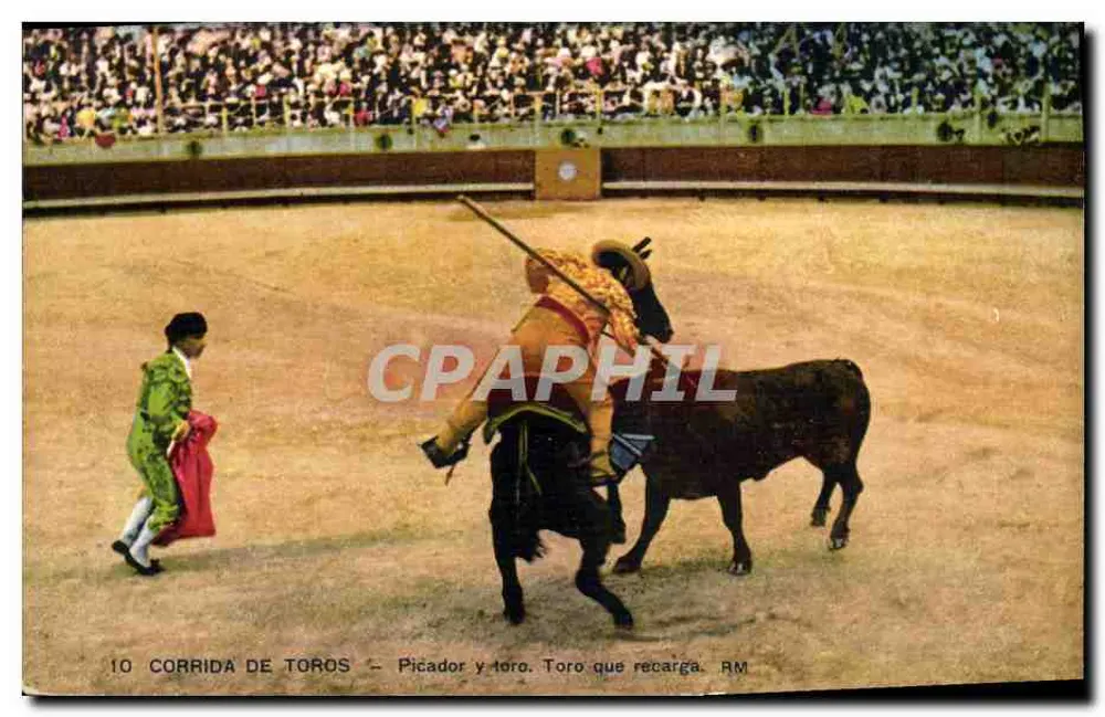 Stierkampf — Picador und Stier. Stier, der angriff. RM - Vorderseite