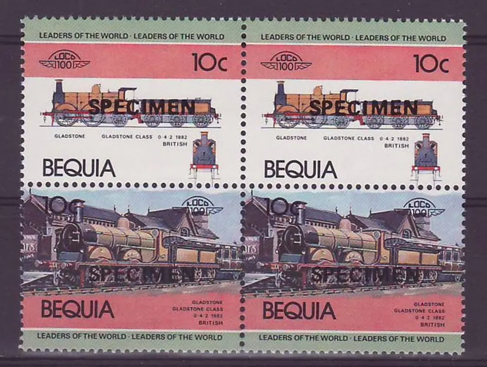 Bequia 10c Zug Gladstone 0-4-2 1982 ** Luxe Überstempelung Exemplar Block von 4 - Vorderseite