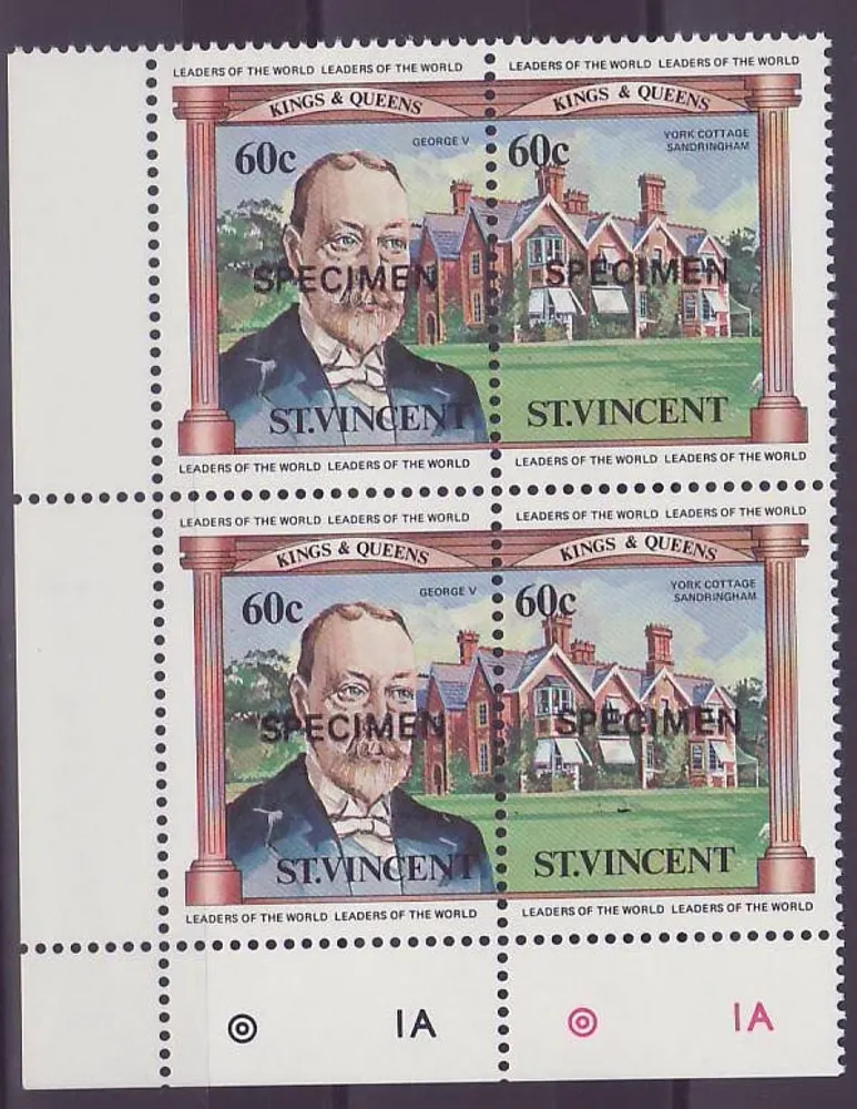 St Vincent 60c George V Sandrigham Bloc de 4 mit Druckrand-Zuschlag SPECIMEN ** Luxe - Vorderseite
