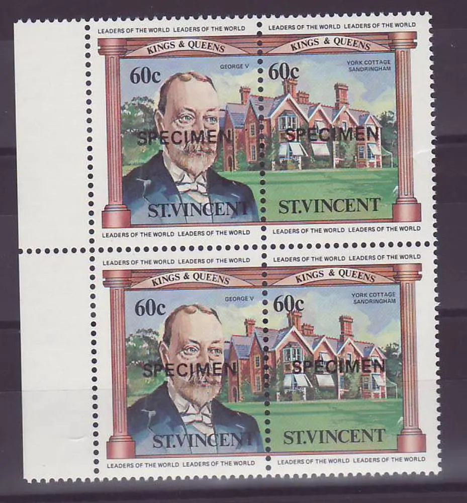 St Vincent 60c George V Sandrigham Bloc de 4 with Surcharge SPECIMEN ** Luxe - Vorderseite