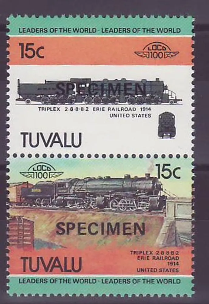 Tuvalu 15c Train Triplex 2-8-8 8-2 Erie Railroad 1914 ** Luxe Surcharge SPECIMEN - Vorderseite