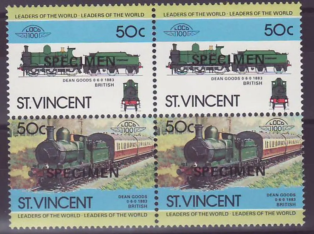 St Vincent 50c Dean Goods Train 1883 ** Luxe Surcharge SPECIMEN Bloc de 4 - Vorderseite