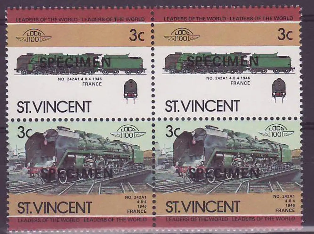 St Vincent 3c Train 242A1 France 1946 ** Luxe Surcharge SPECIMEN Bloc de 4 - Vorderseite