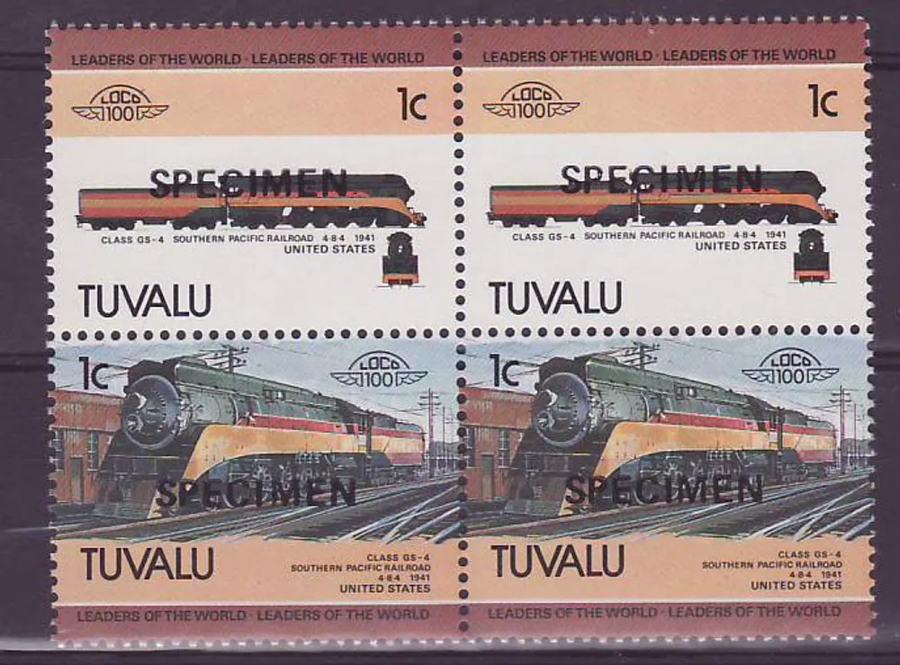 Tuvalu 1c Zugklasse GS 4 Southern Pacific Railroad ** Luxe Surcharge SPECIMEN Bloc de 4 - Vorderseite