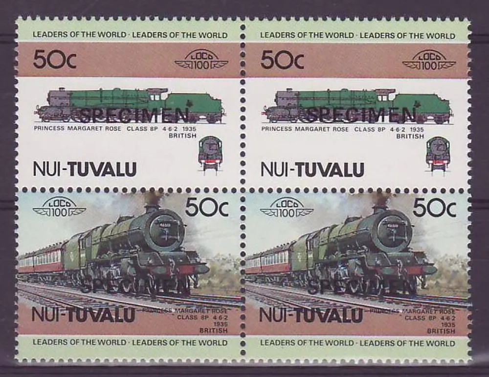 Nui Tuvalu 50c Train Princess Margaret Rose Class BP 1935 ** Luxe Surcharge SPECIMEN Bloc de 4 - Vorderseite