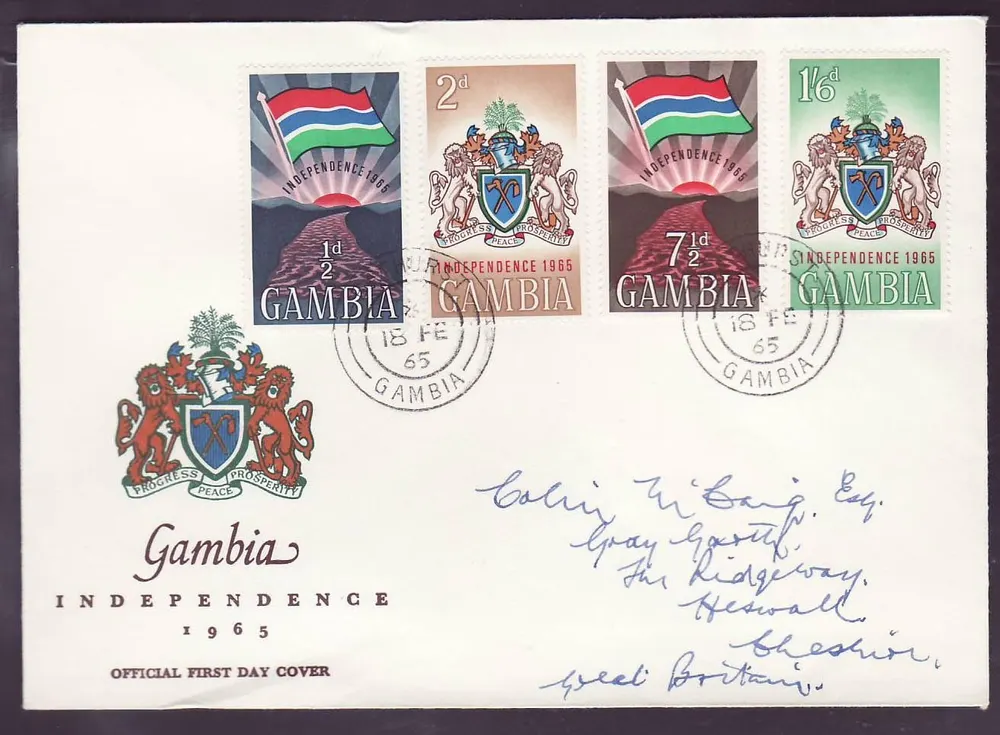 Gambia FDC mit Serie Unabhängigkeit 1965 nach England - Vorderseite