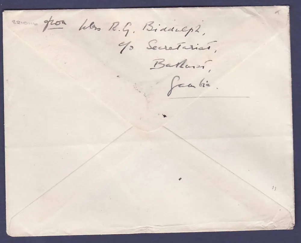 Gambia Briefmarke 3p + 1s Elefant Stempel Bathurst mit Zensurstempel NN/3 für Boscombe, England - Rückseite