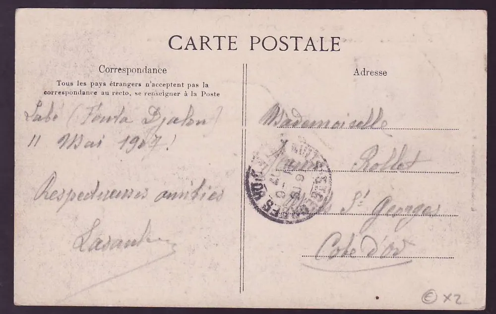 Ansichtskarte Guinea Berger Pulas mit seltenem Telegraphenstempel Labbe 11 MAI 07 - Rückseite