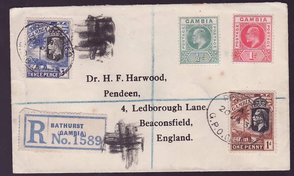 Gambia Gambie 1d + 3d Werte + EVII Werte für Beaconsfield, England, Stempel 1931 - Vorderseite