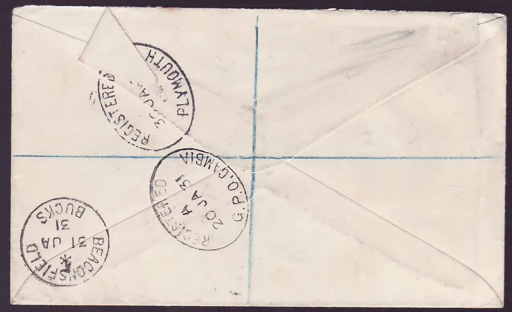 Gambia Gambie 1d + 3d Werte + EVII Werte für Beaconsfield, England, Stempel 1931 - Rückseite