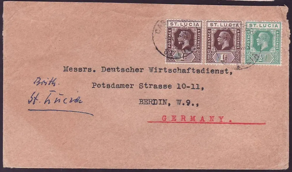 Umschlag St Lucia Lucie mit 2*1d GV + 1/2d frankiert für Berlin, Deutschland - Vorderseite
