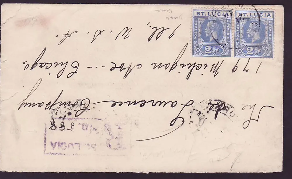 Umschlag St Lucia Lucie mit 2*2 1/2d GV-Ausgabe für Chicago, USA, datiert 1934 - Vorderseite