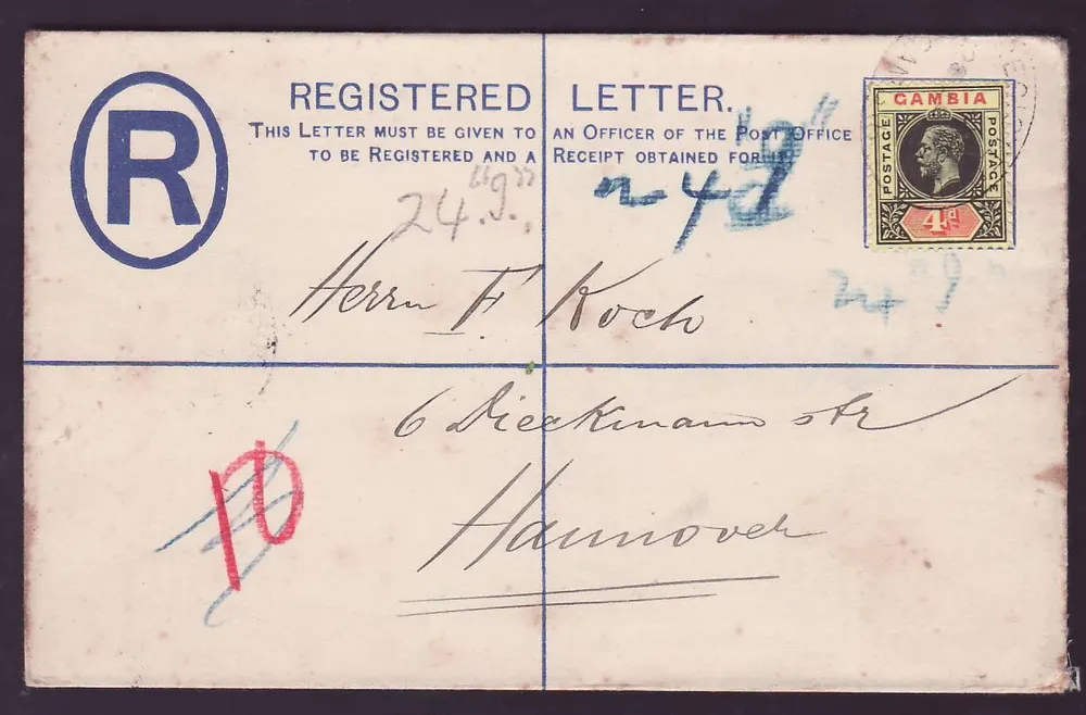 Gambia Gambie Registered letter mit 4d-Wert an Hannover Deutschland vom 1913 - Vorderseite