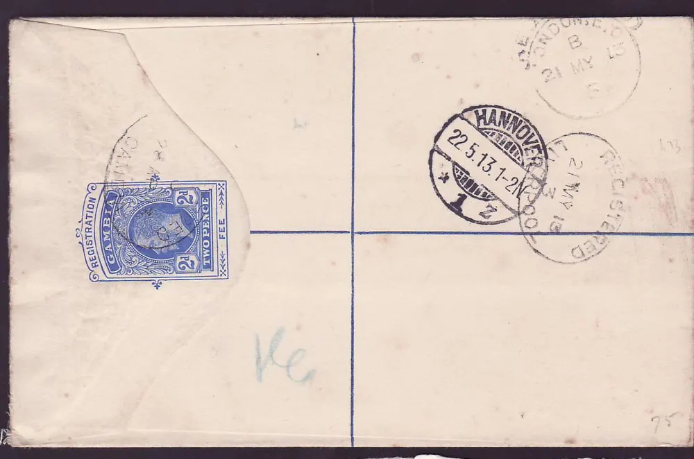 Gambia Gambie Registered letter mit 4d-Wert an Hannover Deutschland vom 1913 - Rückseite