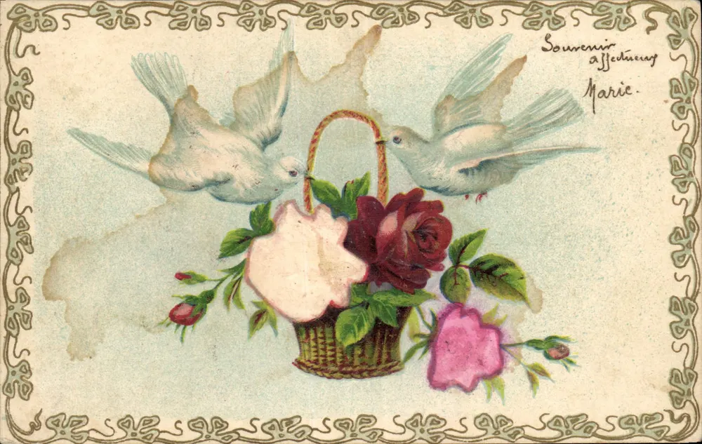 Dos palomas blancas — cesto de rosas — Recuerdo afectuoso Marie - Anverso