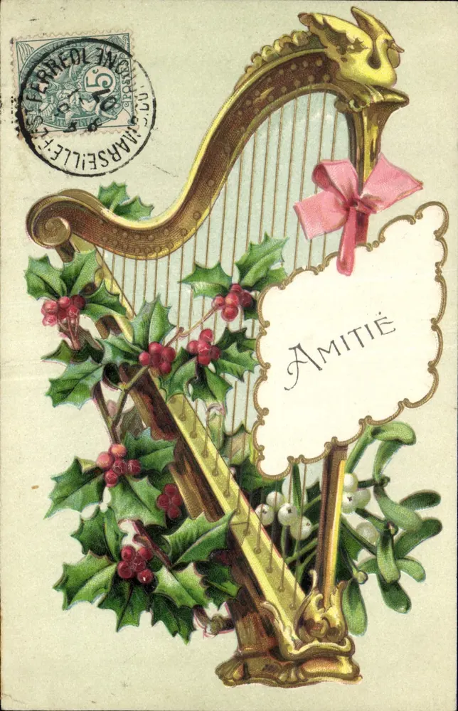 Harpes et houx — carte de vœux avec inscription 'Amitié' — éditeur IMPRIMÉ SUR LA CARTE : 'CARREFOIL ING. POSTE MARSAILLE' - Frente
