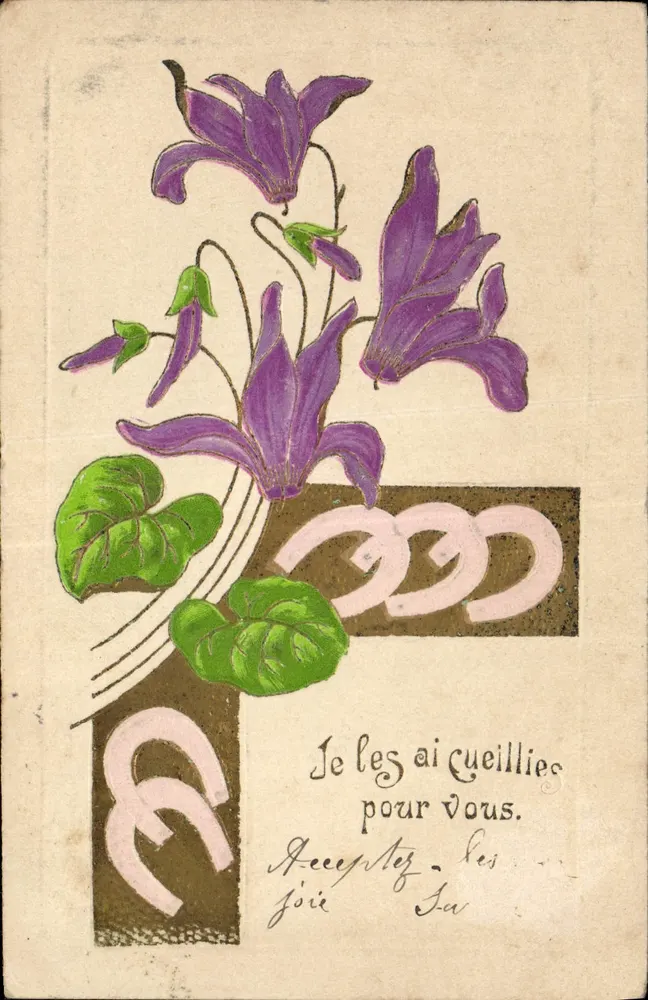 Flores de violeta — Eu as colhi para você — Carta postal — União Postal Universal - Frente